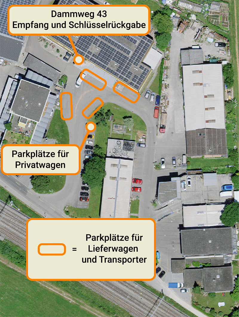 Übersichtsplan Dammweg Abholen und Rückgabe Lieferwagen und Transporter